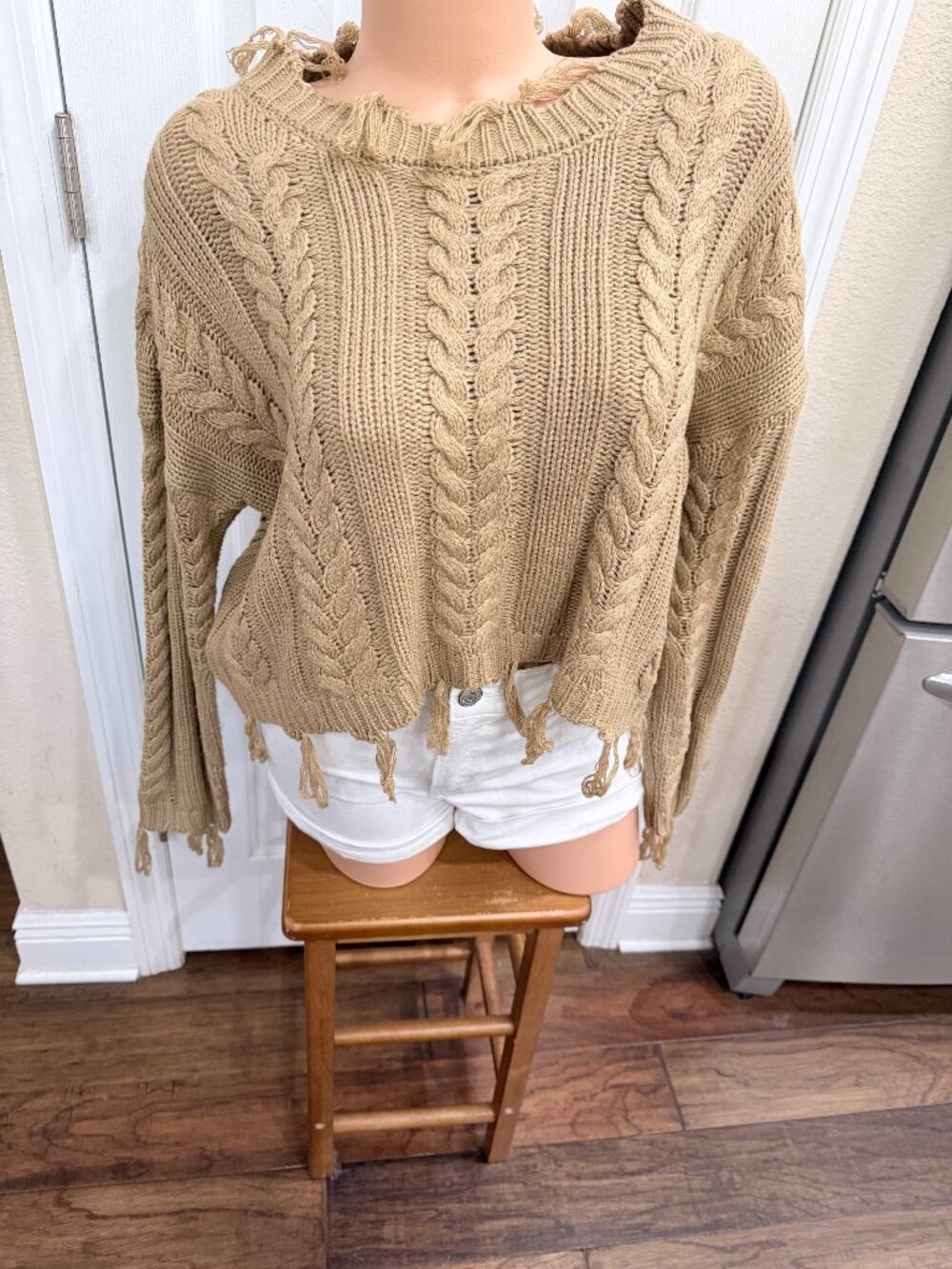 Altar'd State Small Distressed Cable Knit Sweater Tan Boho Slouchy